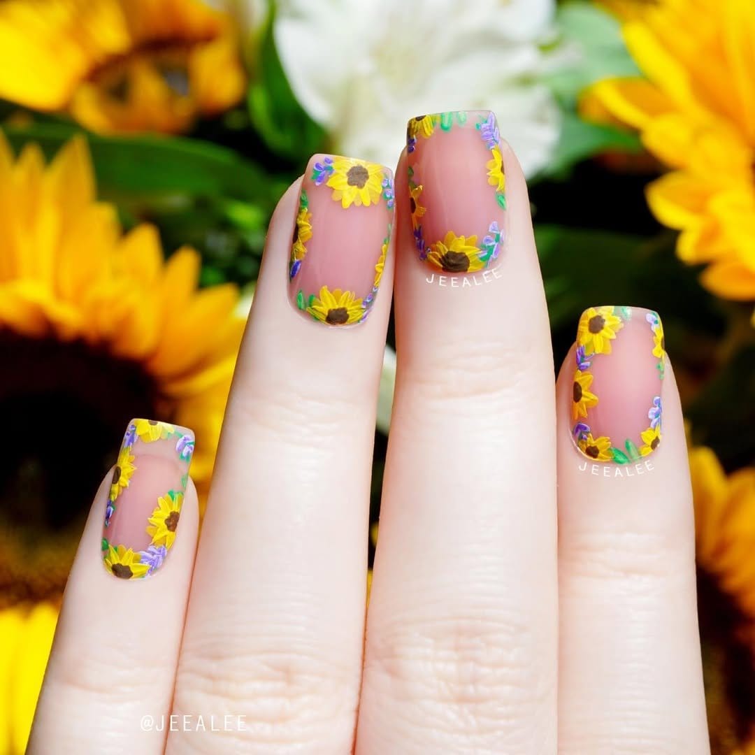 Sunflower design on clear nail base