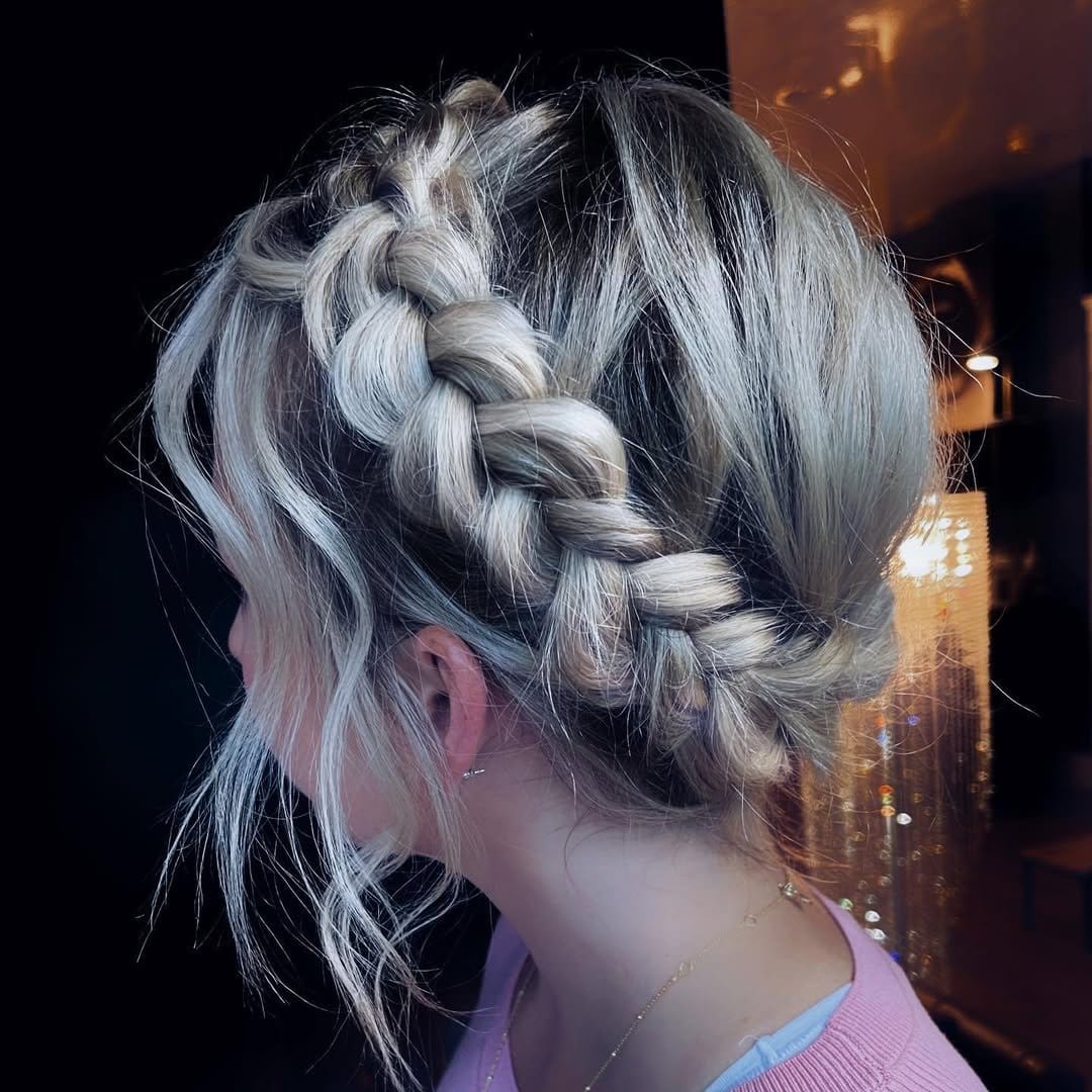 Half-up twisted halo hairstyle