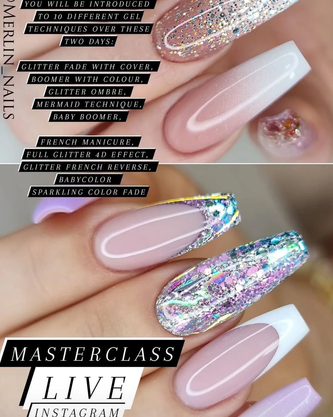 Glitter fade French tip nails with ombre effect