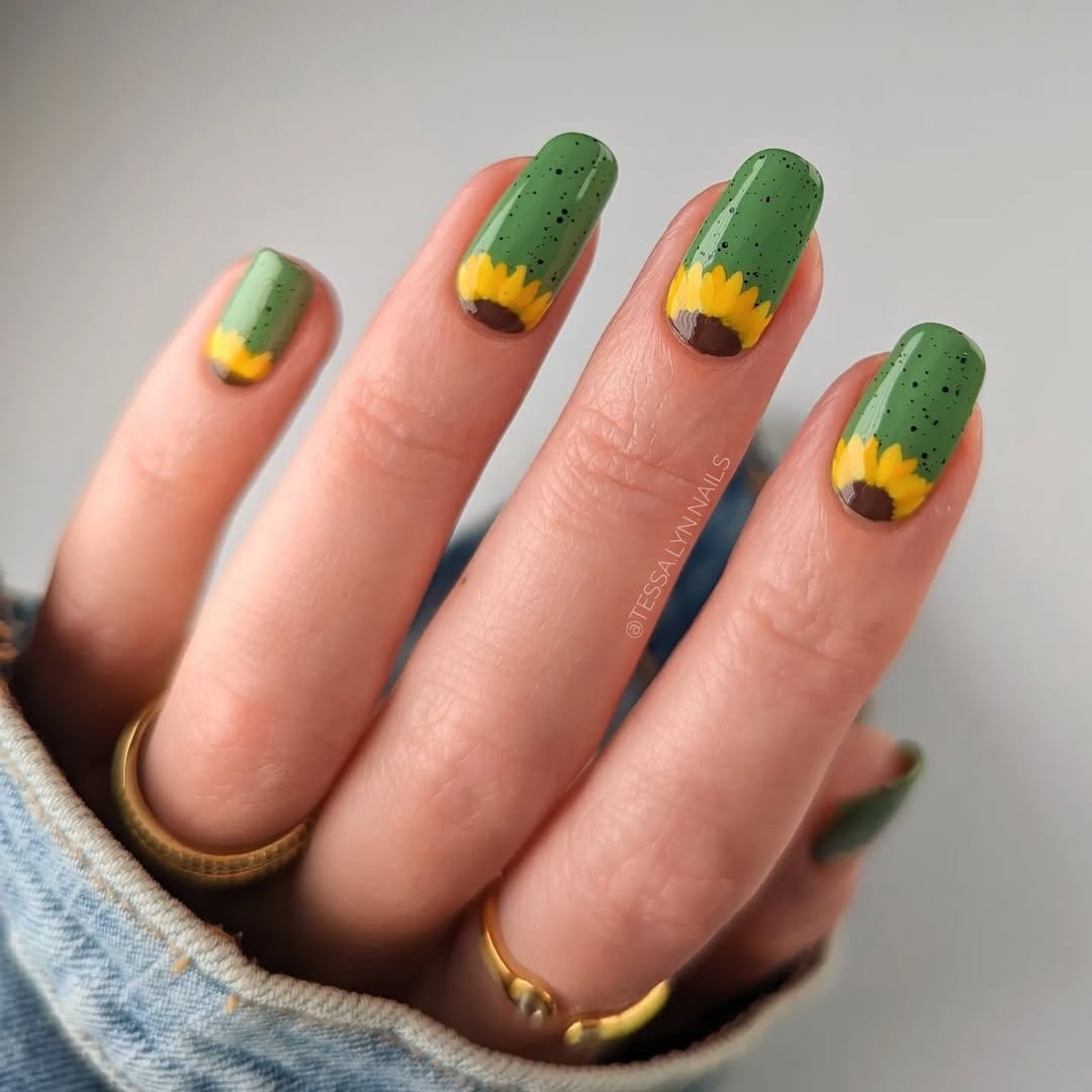 Denim blue nail art with sunflower designs