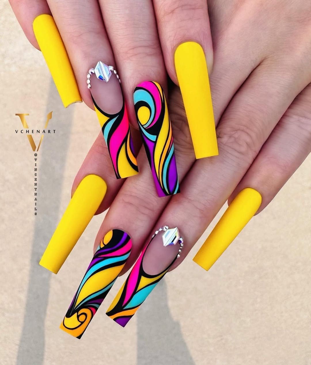 Bright neon geometric nail art