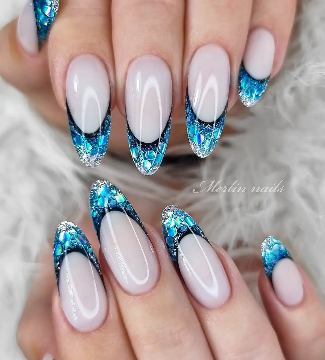 Crystal-clear French tip nails with see-through effect