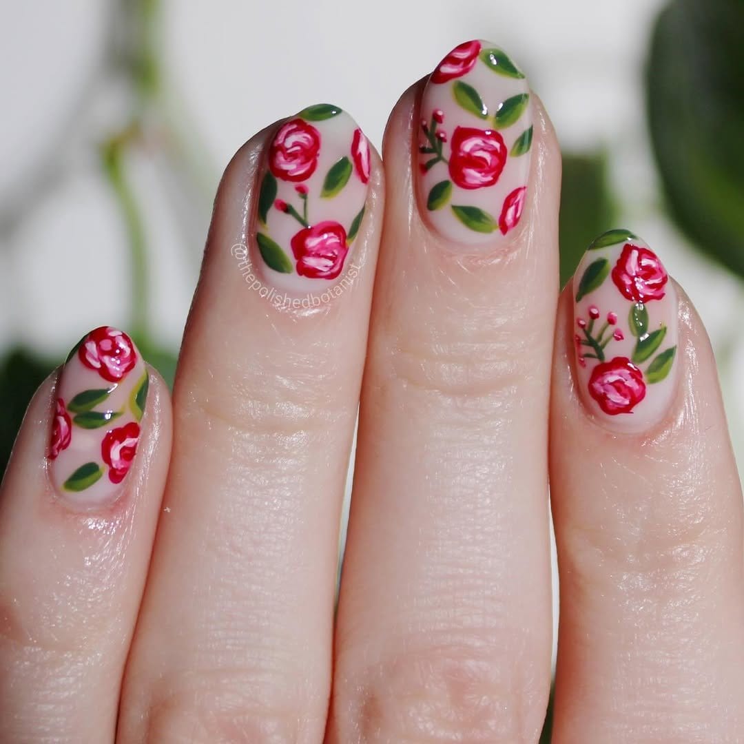 Blushing rose pastel nails with rose designs