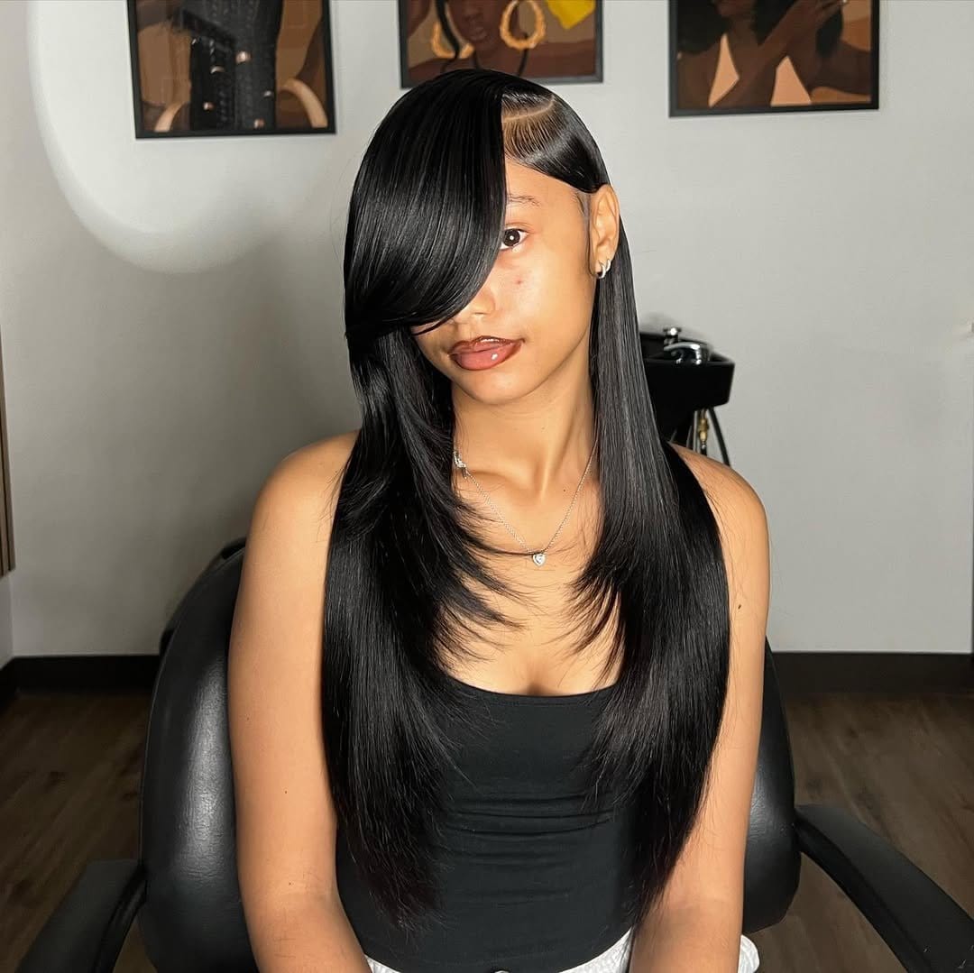 Beachy wavy hairstyle with deep side part