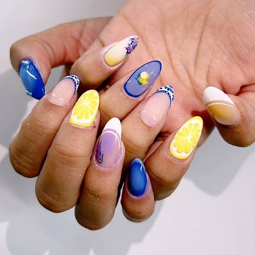 Navy blue and lemon yellow nails