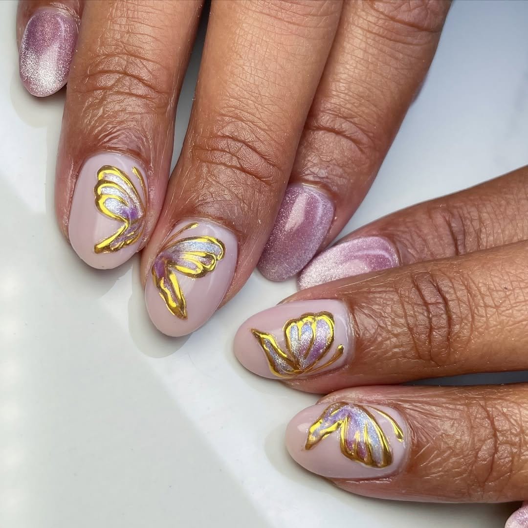 Yellow nails with abstract brush strokes