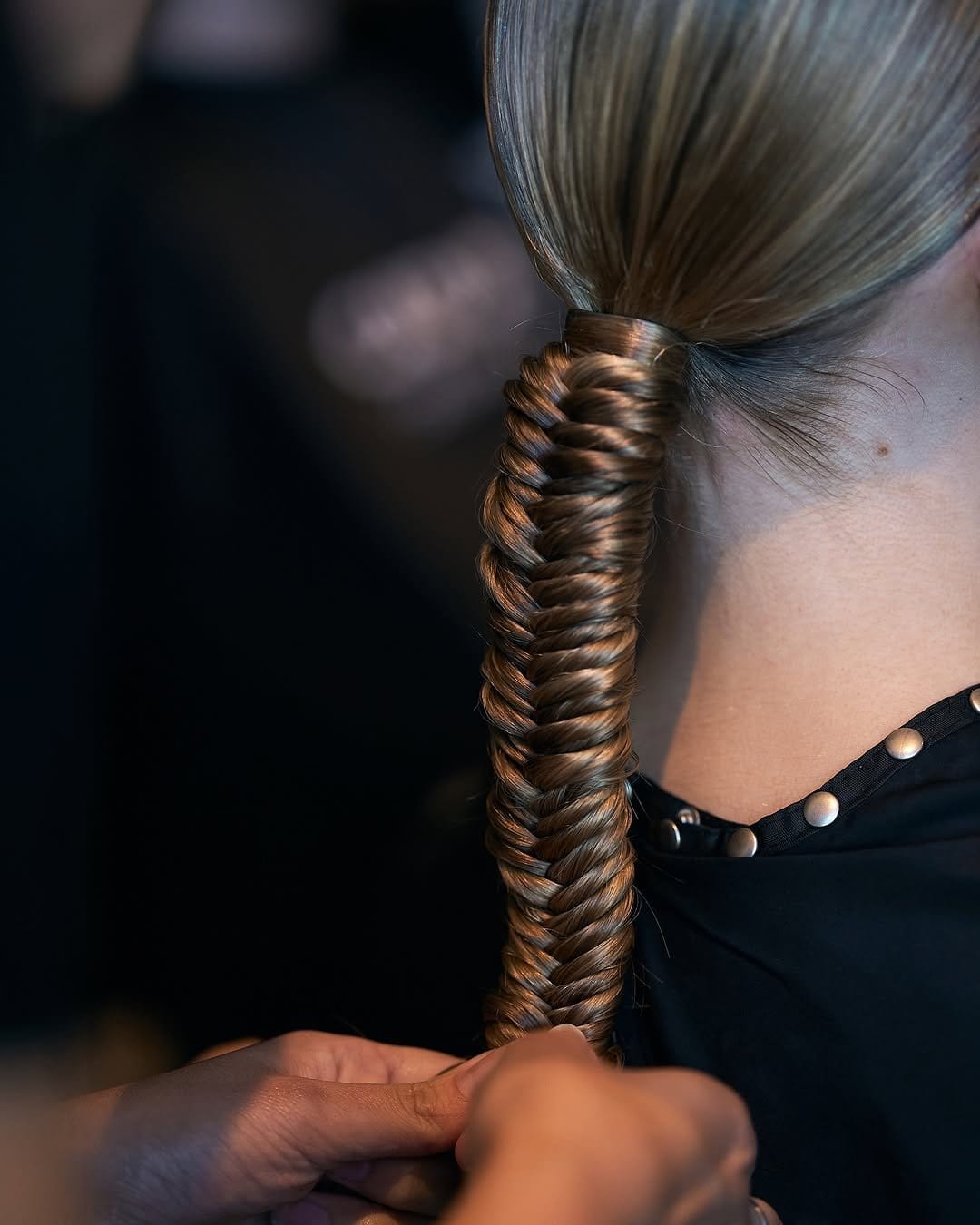 Fishtail braid leading into ponytail