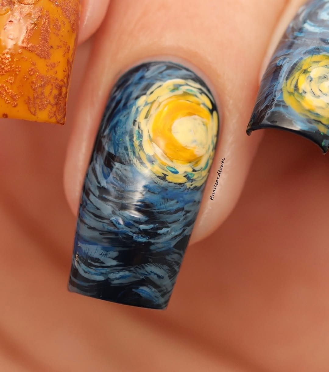 Starry night theme with sunflower nail art