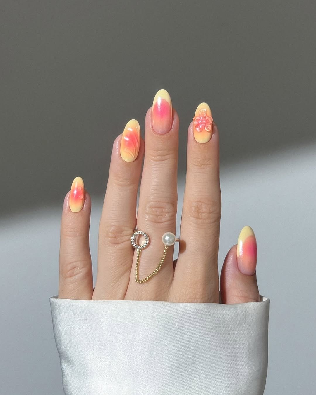 Rainbow tip lemon yellow nails