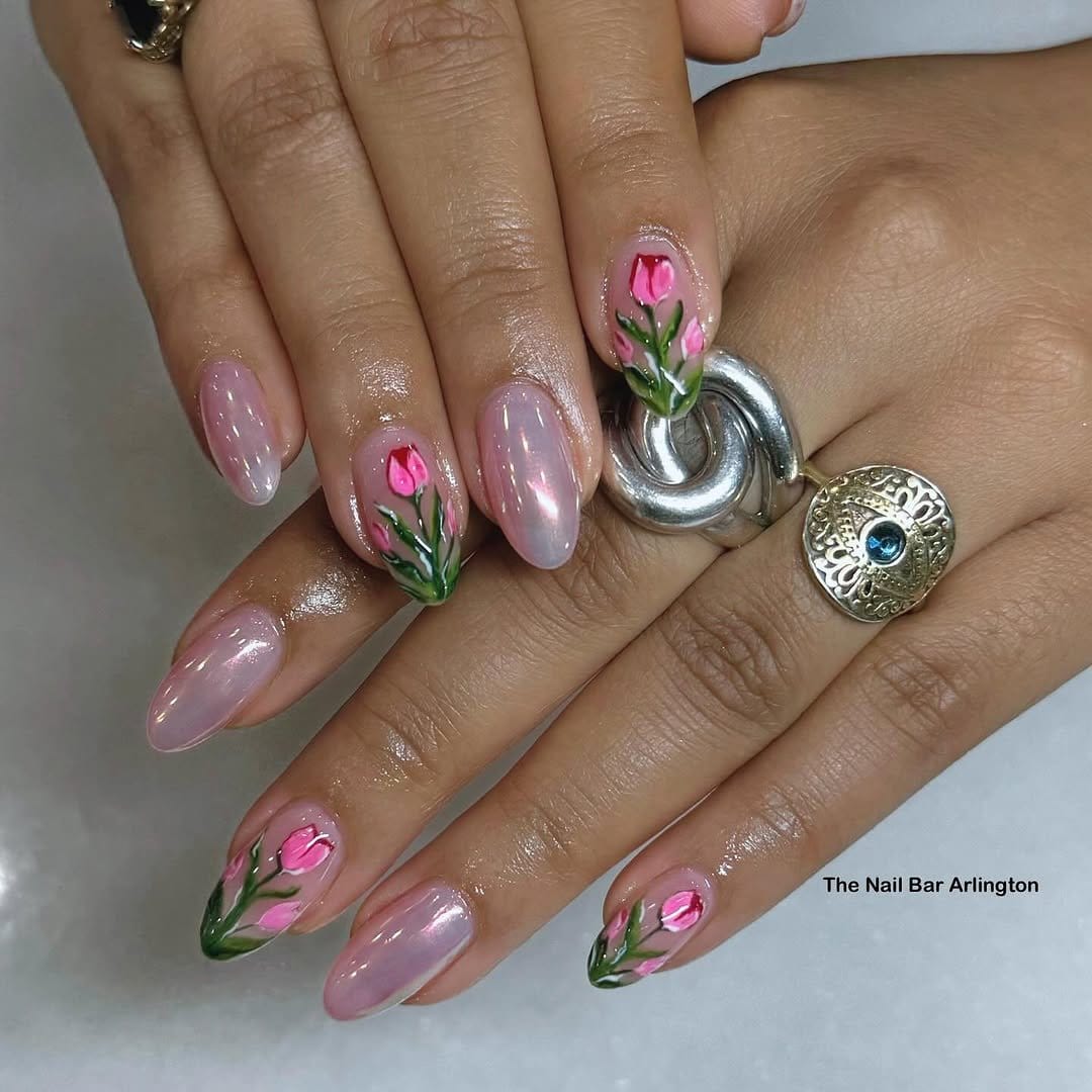 Tulip nail art with vibrant colors