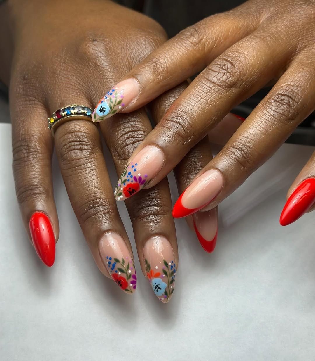 Abstract floral nail art with bold patterns