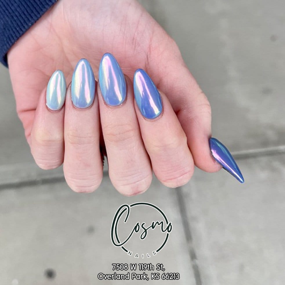 Holographic French tip nails with rainbow sheen