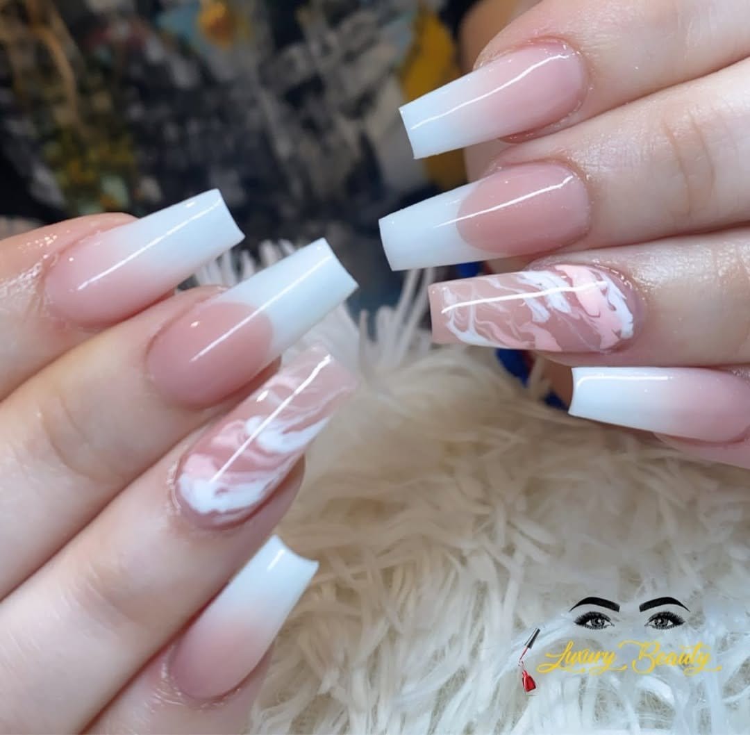 Pink and white marble nails