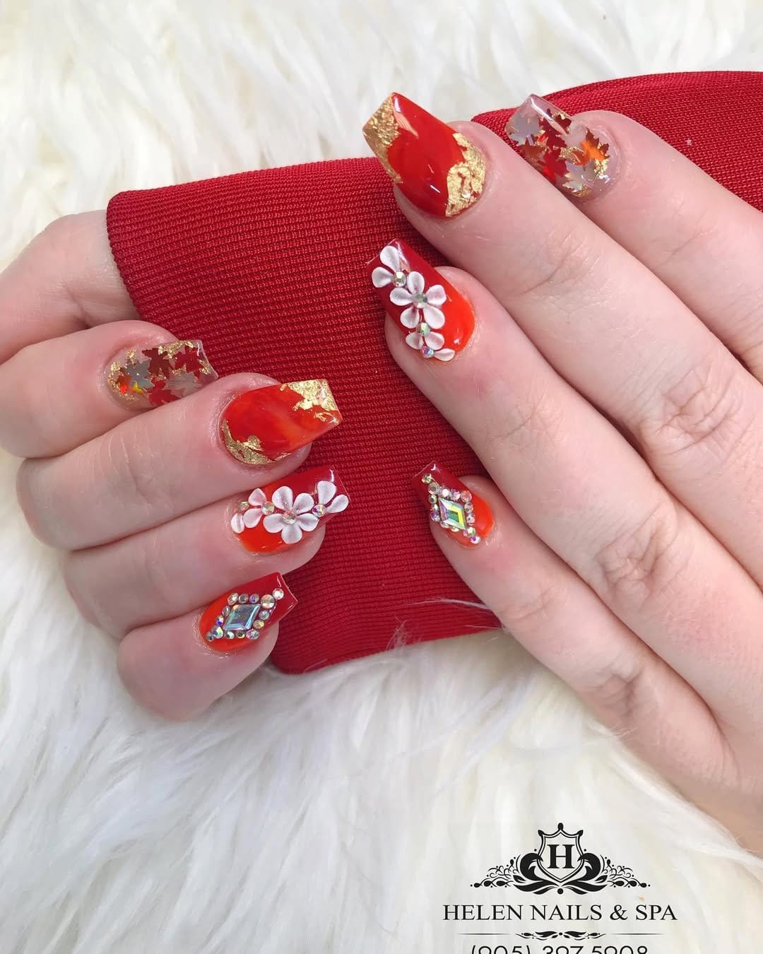 Red ombre flower nail art