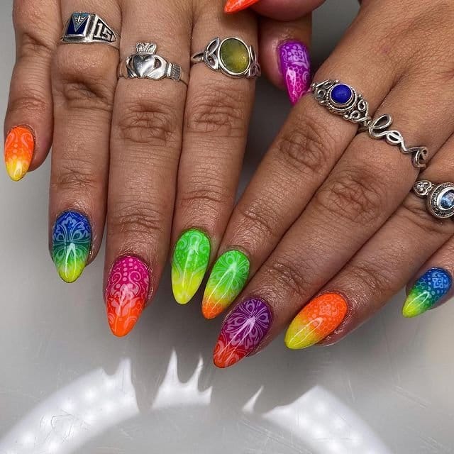 Vibrant rainbow ombre nails
