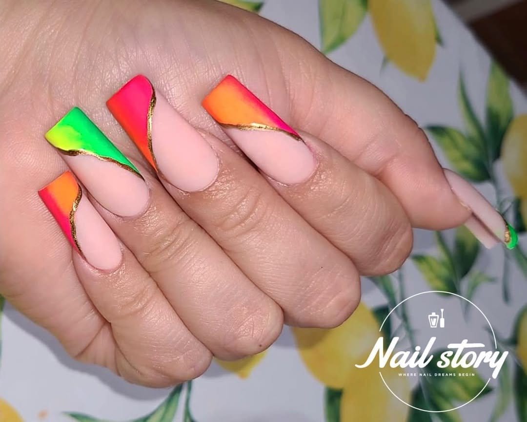 Nude nails with neon accents
