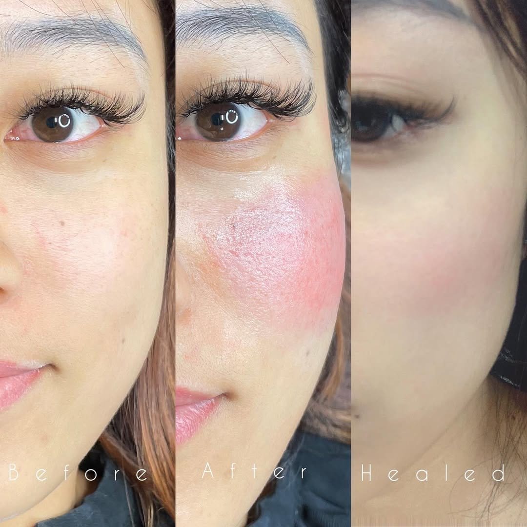 Close-up of soft peach blush on cheeks