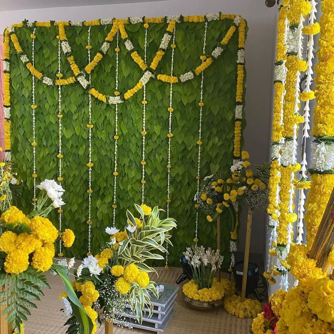 Yellow floral design with green leaves