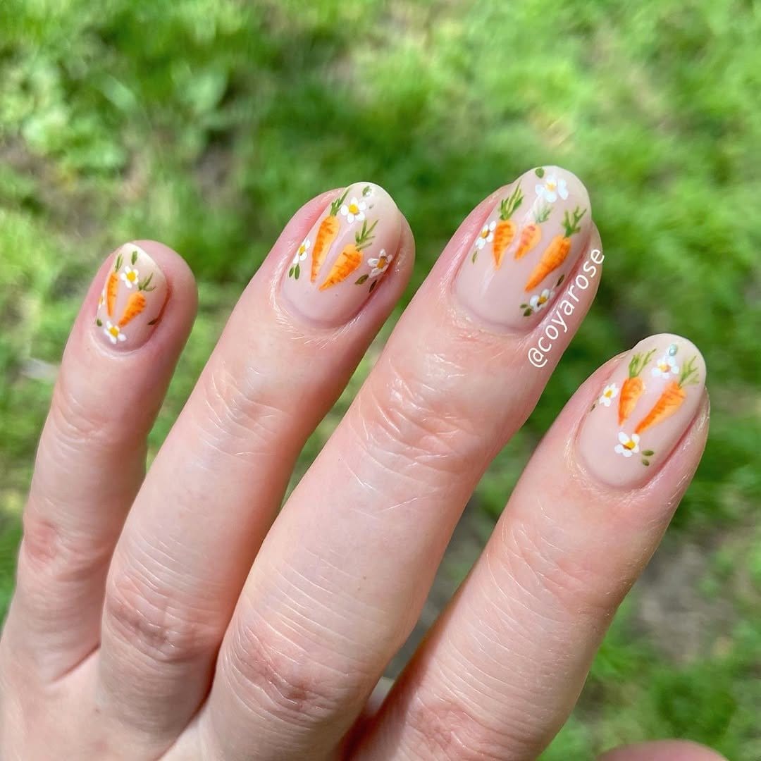 Bunny and carrot nail design close-up