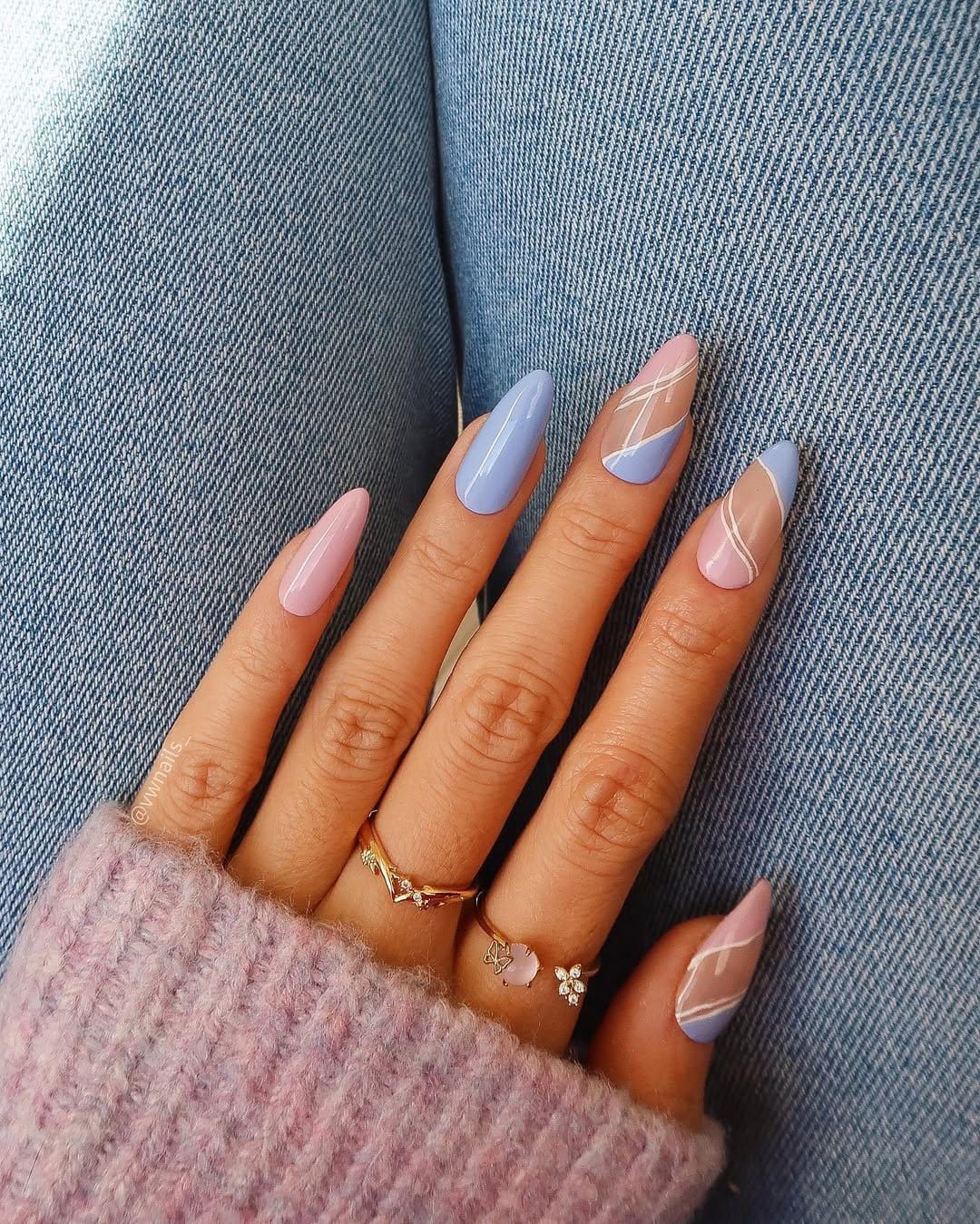 Pink and blue swirled pastel nails