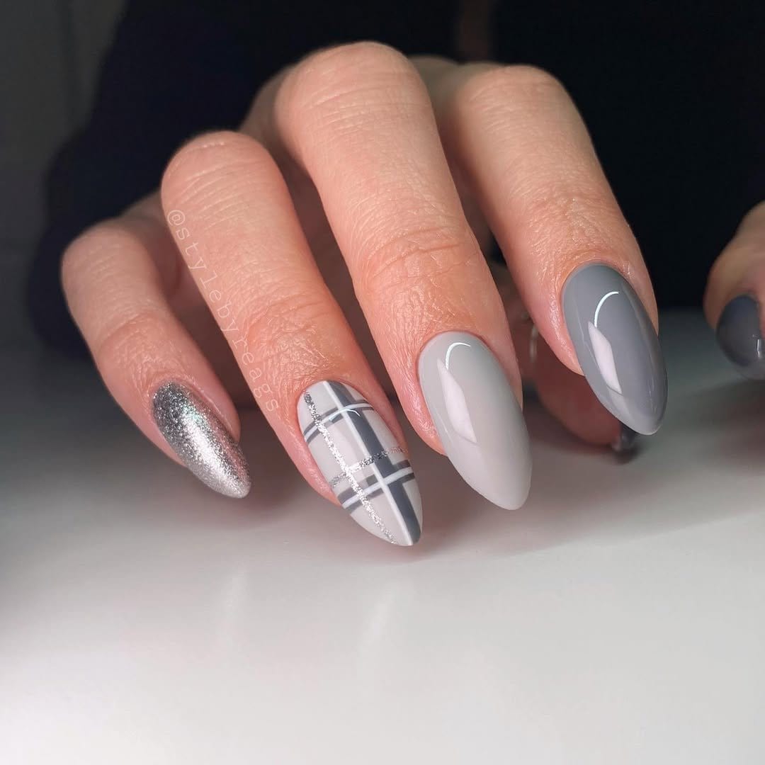 White nails with plaid patterns