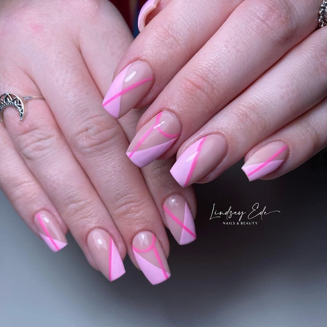 Geometric foil on pink nails