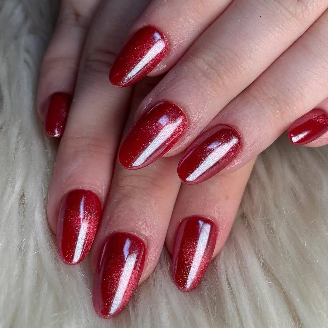 Shiny red metallic nail polish