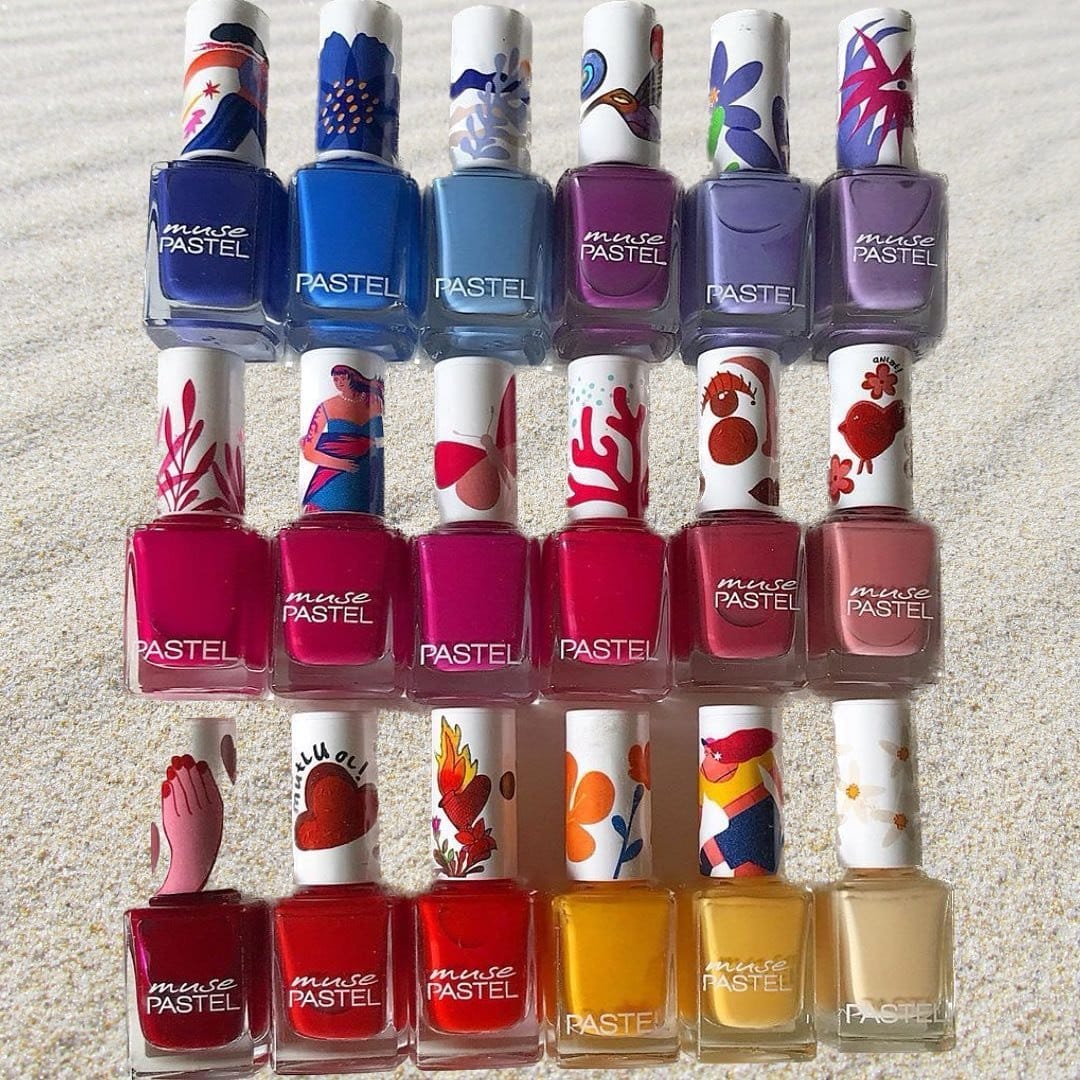 Pastel-colored nail polish bottles