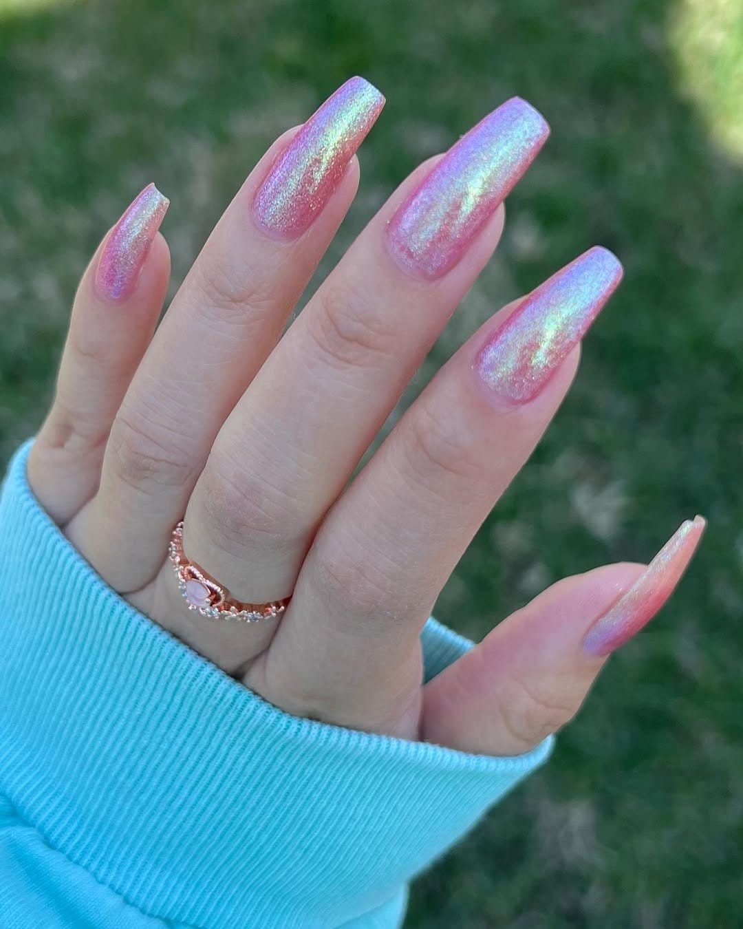 Pink ombre nails with holographic flakes