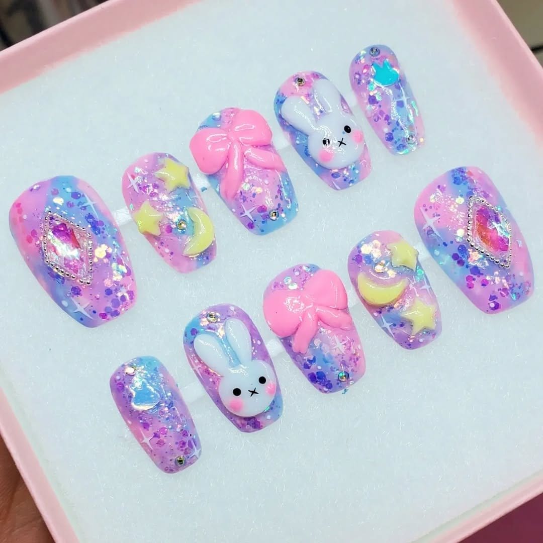 Watercolor effect bunny nail design