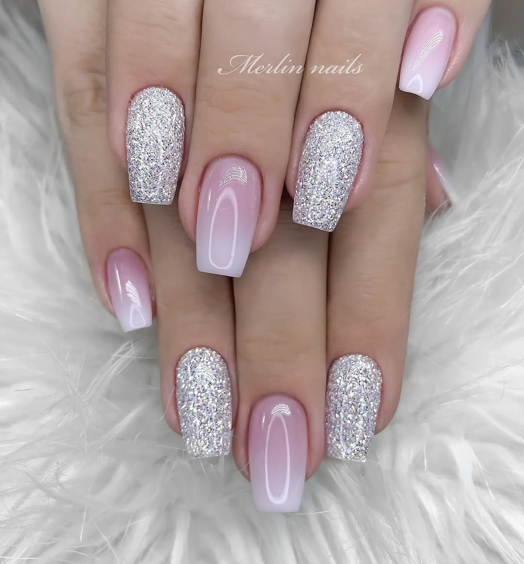 Light pink nails with silver glitter