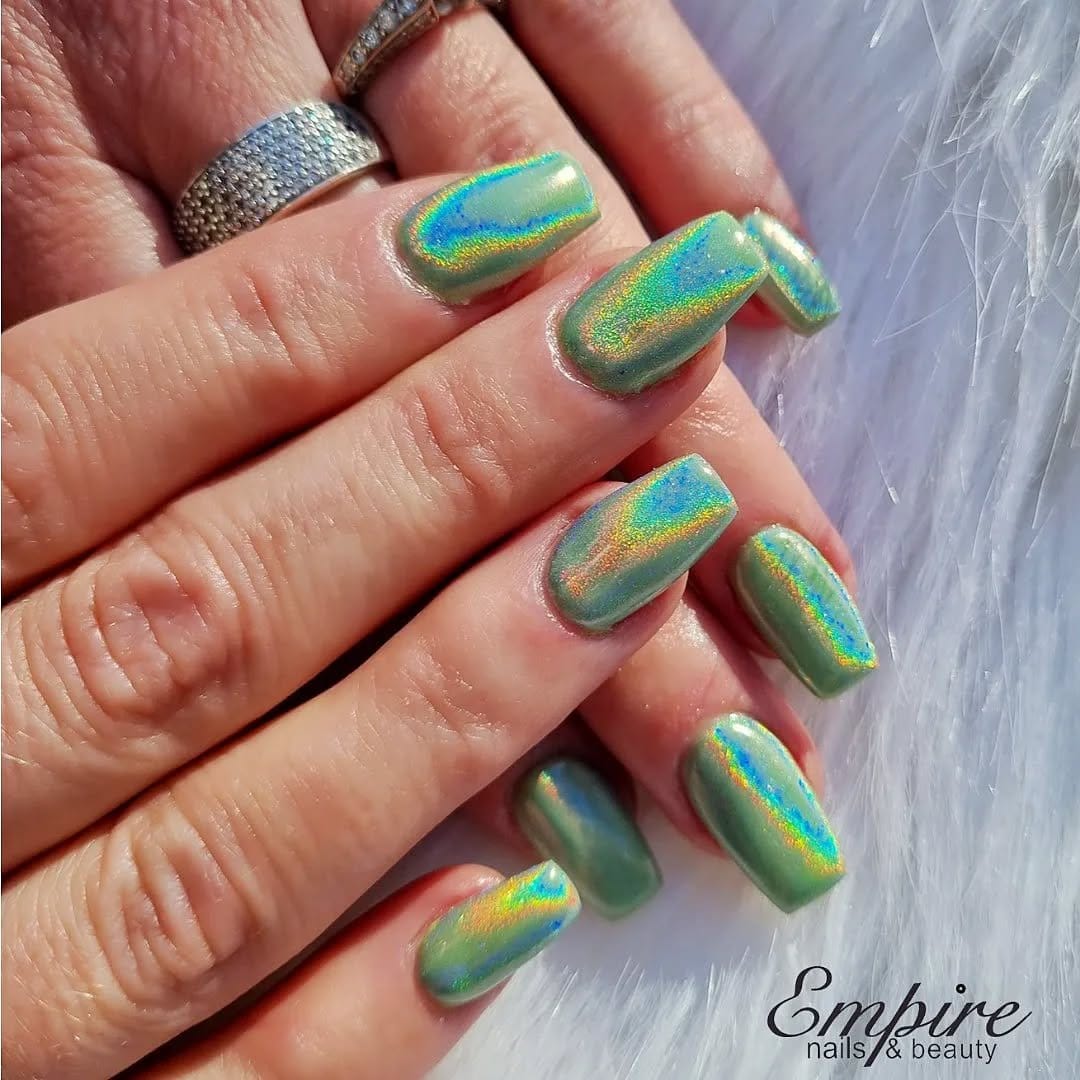 Stunning holographic nail art with rainbow sheen