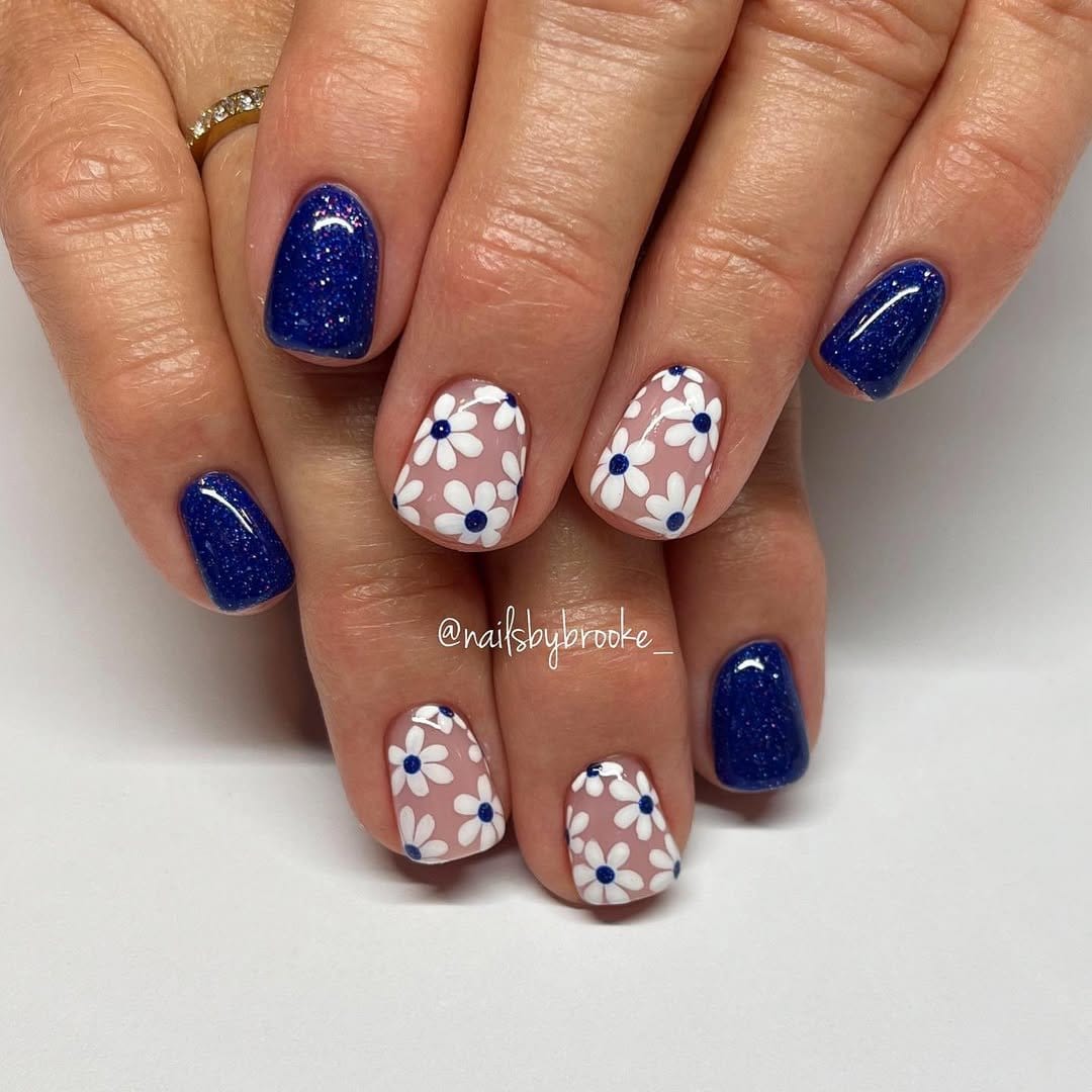 White nails with glitter polka dots