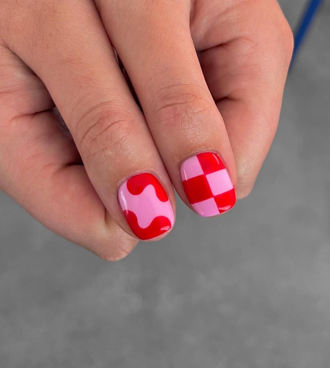 Funky red and pink checkerboard nails