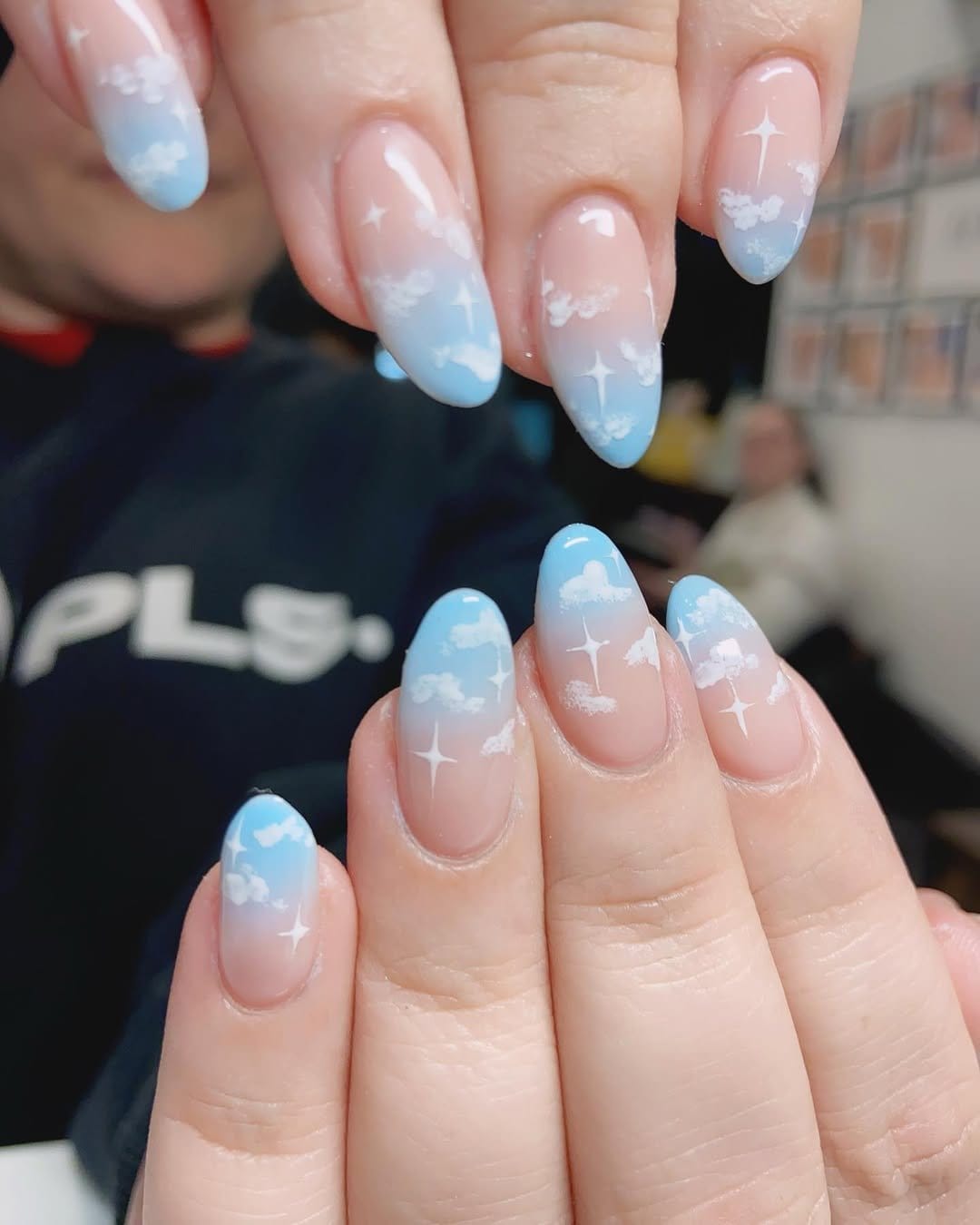 Soft sky blue French tips with cloud design