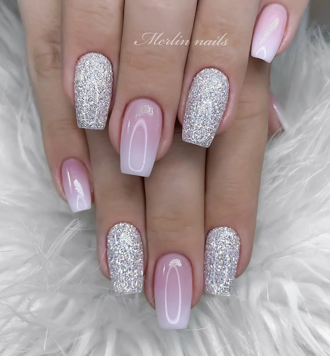 Blush pink nails with silver glitter tips