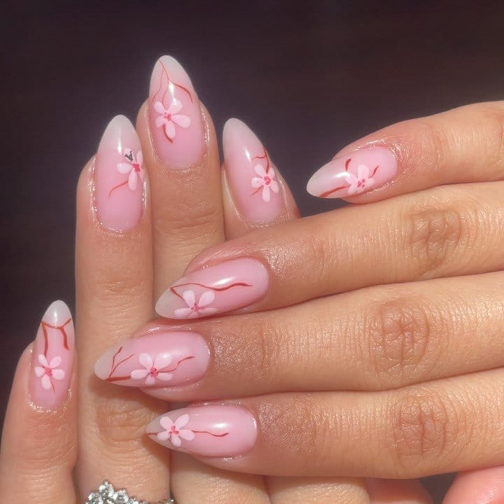 Cherry blossom nail art on natural nails