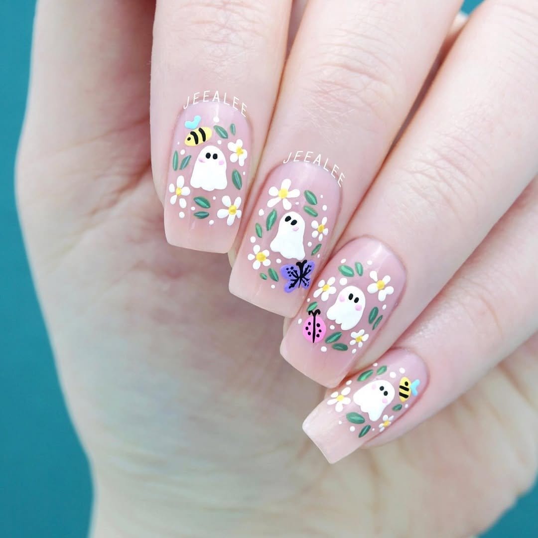 Bunny and garden-themed nail art