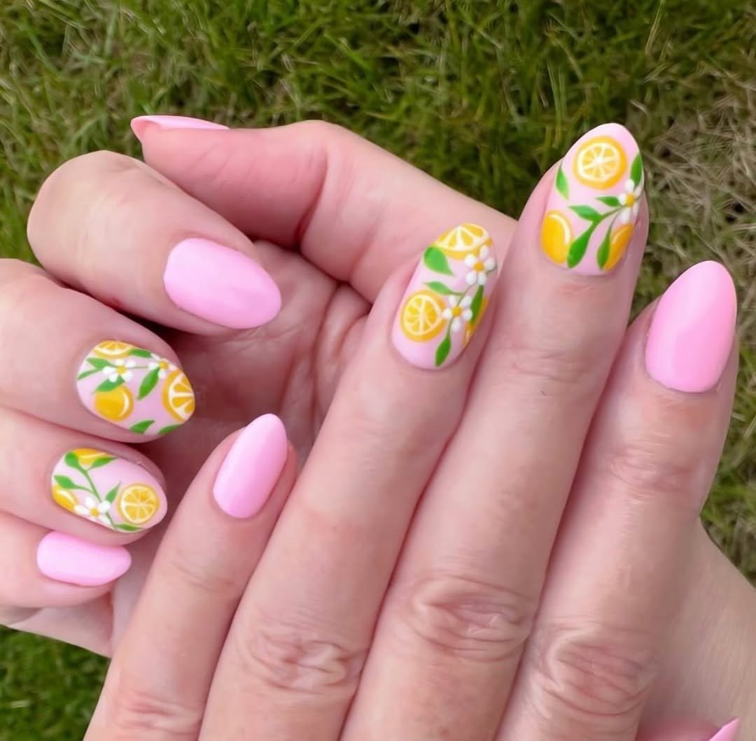 Pink lemonade nails with lemon slices