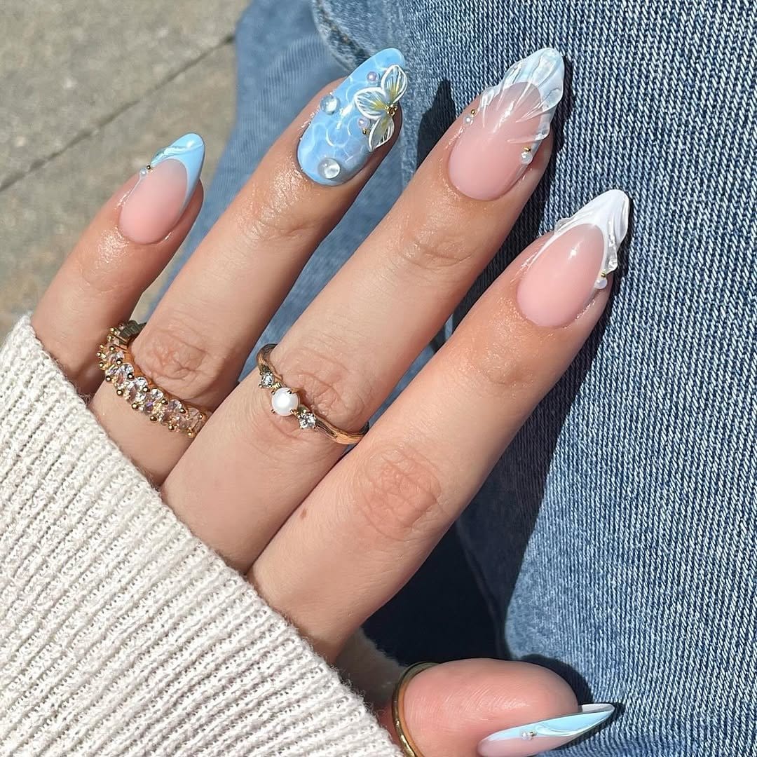 Baby blue nails with a glossy top coat