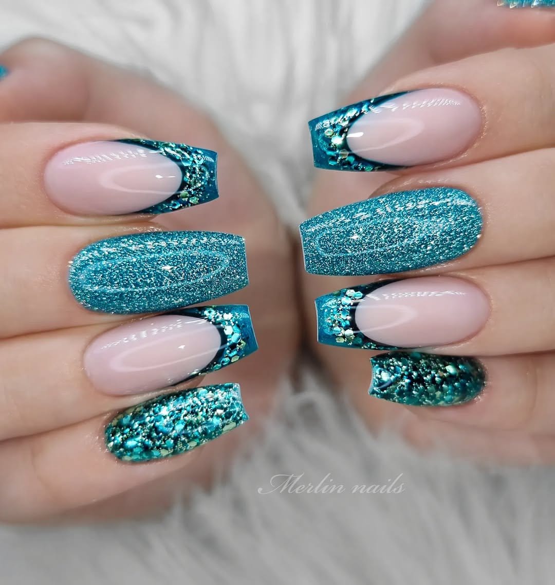 Pink ombre nails with tiny jewels