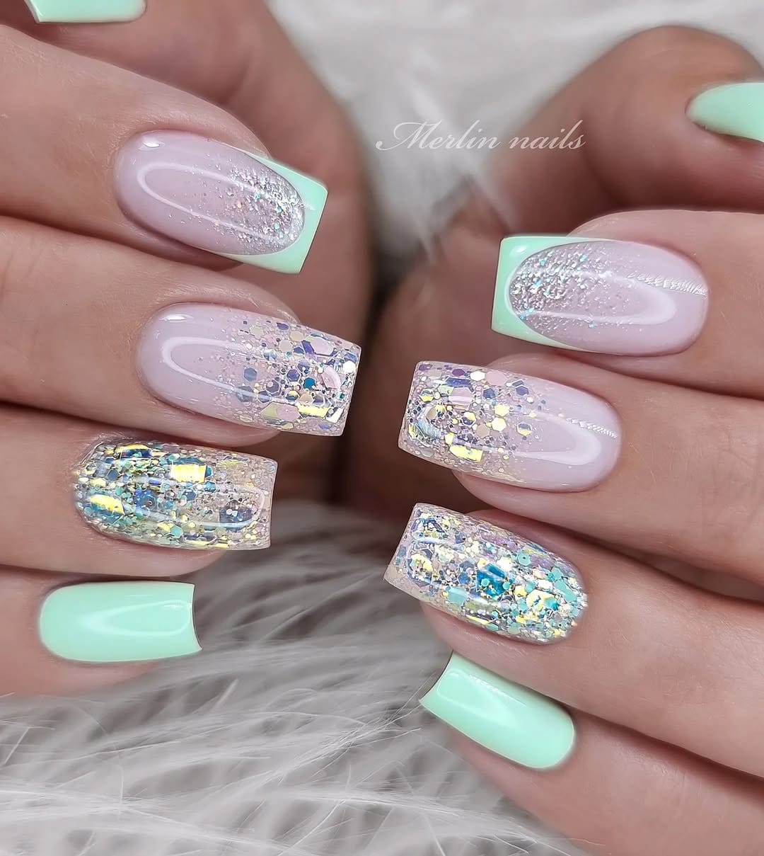 Cool mint and silver nail design
