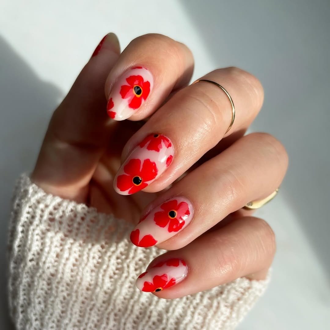Poppy flower pink nail art