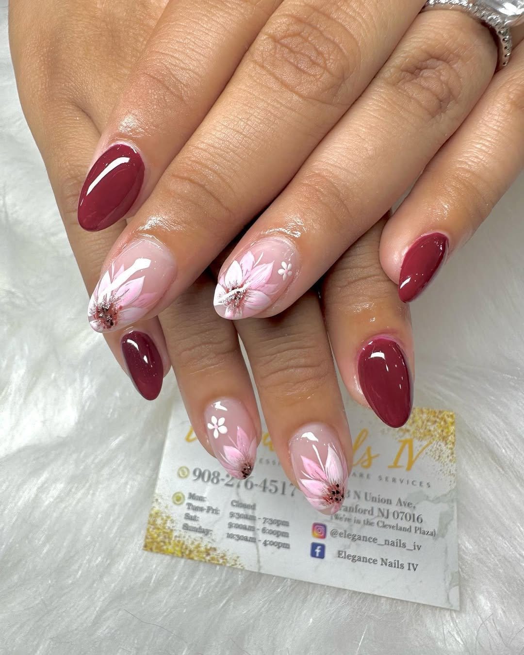 Delicate floral red nail design