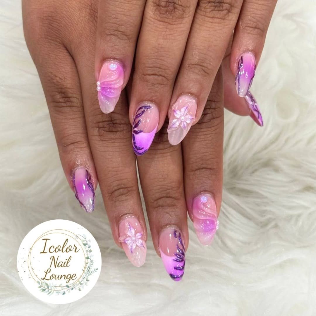 Vibrant hot pink and purple nail blending