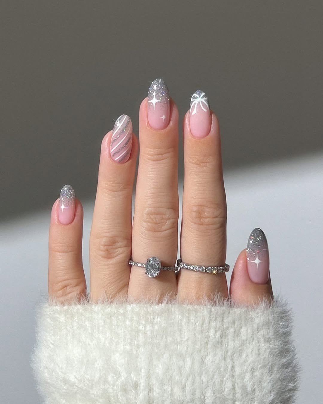 Sparkling white pastel glitter gradient nails