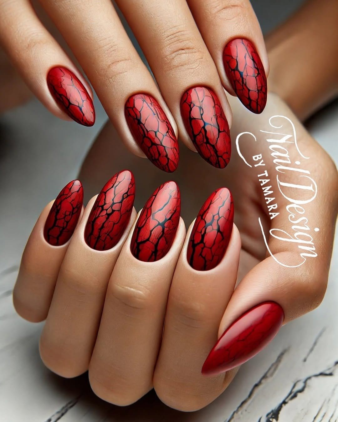 Red nails with nude contrast elements