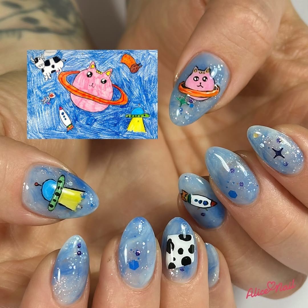 Pressed flower nail art on a clear background