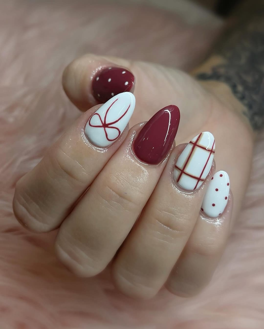 Modern pink and red geometric nail art