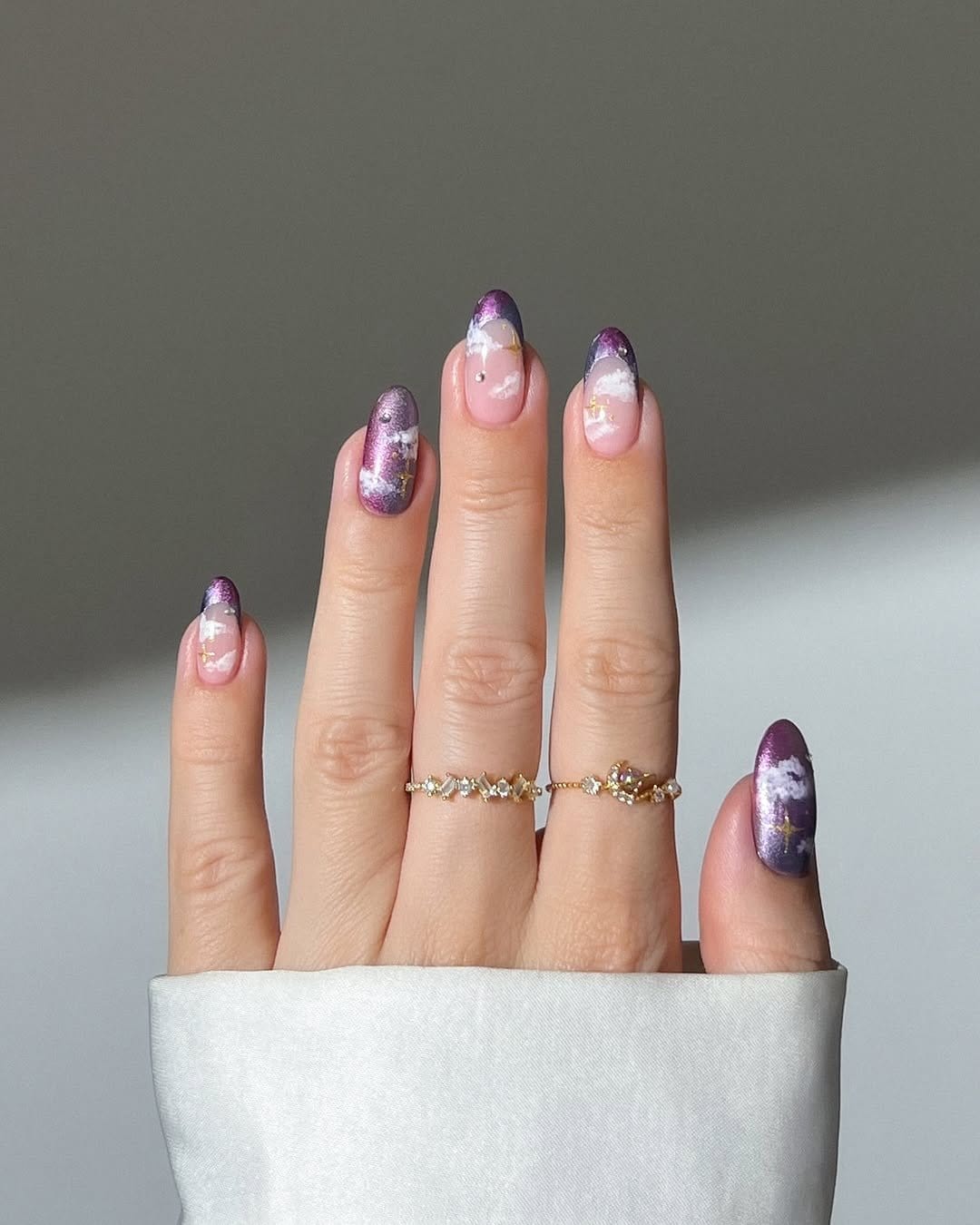 Mystical pastel lilac ombre nails at twilight